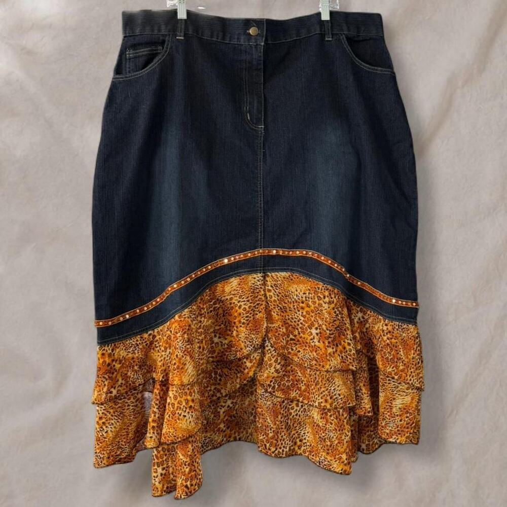 Y2k indie sleaze beaded cheetah denim asymmetrical skirt